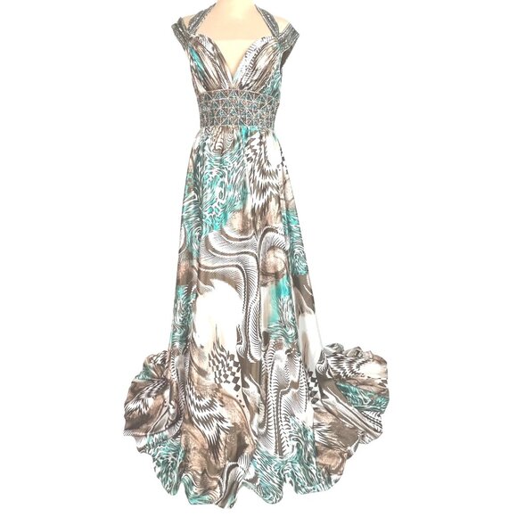 Animal Print Maxi Dress S Beaded Halter Brown Teal Flowy Mobwife Charmeuse - Picture 2 of 8